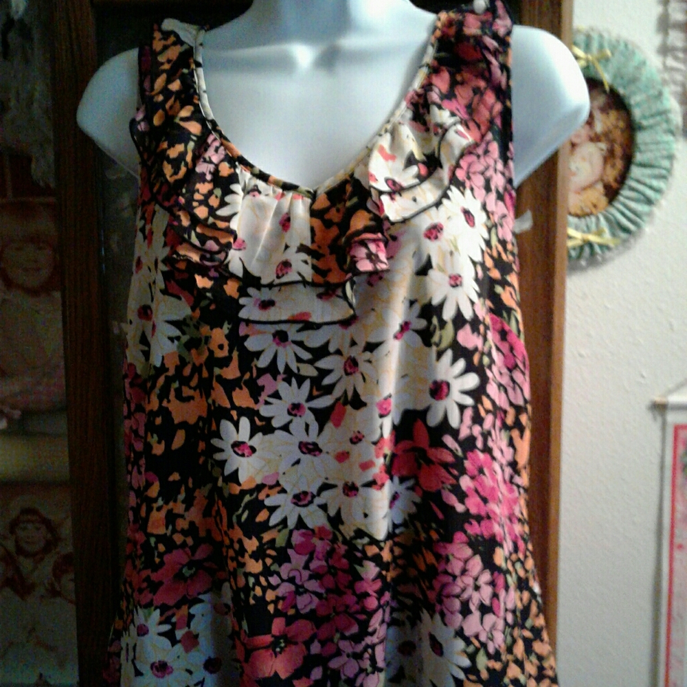 Multi Colored Tie Dye Floral Tank Style Top with Ruffed Top